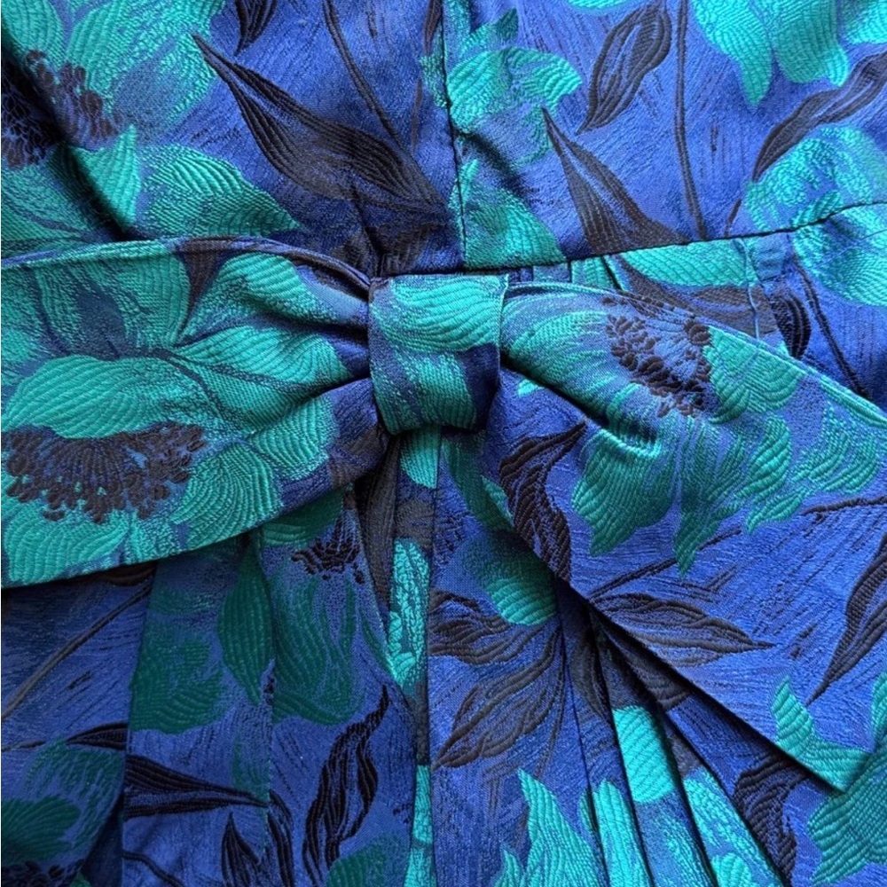 1950's Brilliant Blue & Green Floral Silk Brocade Cocktail Dress - Picture 5 of 6